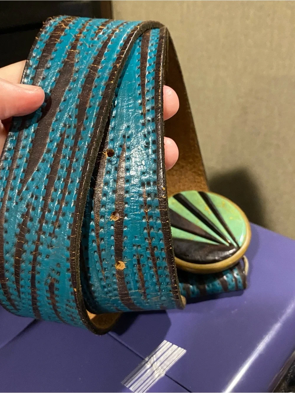 Turquoise Brown Inlay Round Belt Buckle with Leather Belt Boho western